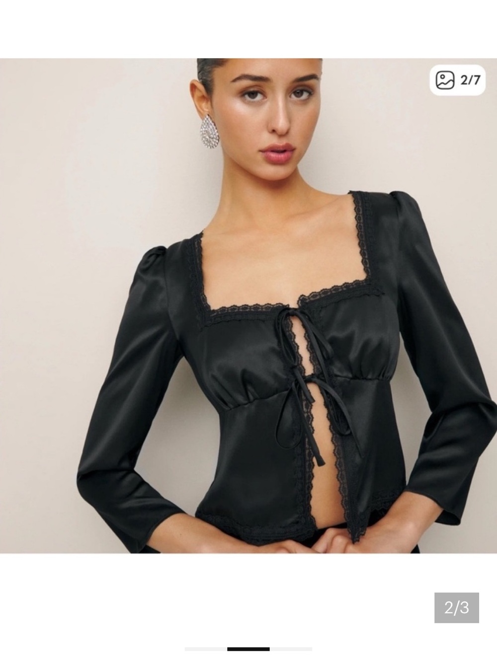 Reformation Black Satin Lace-Trim Tie-Front Top